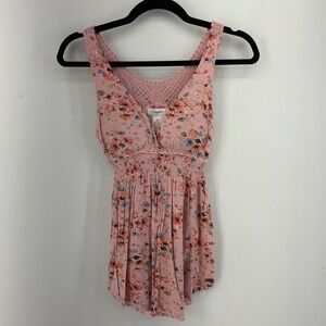 Candies Pink Floral Crochet Back Smocked Waist Babydoll Tank Top XS Boho Summer